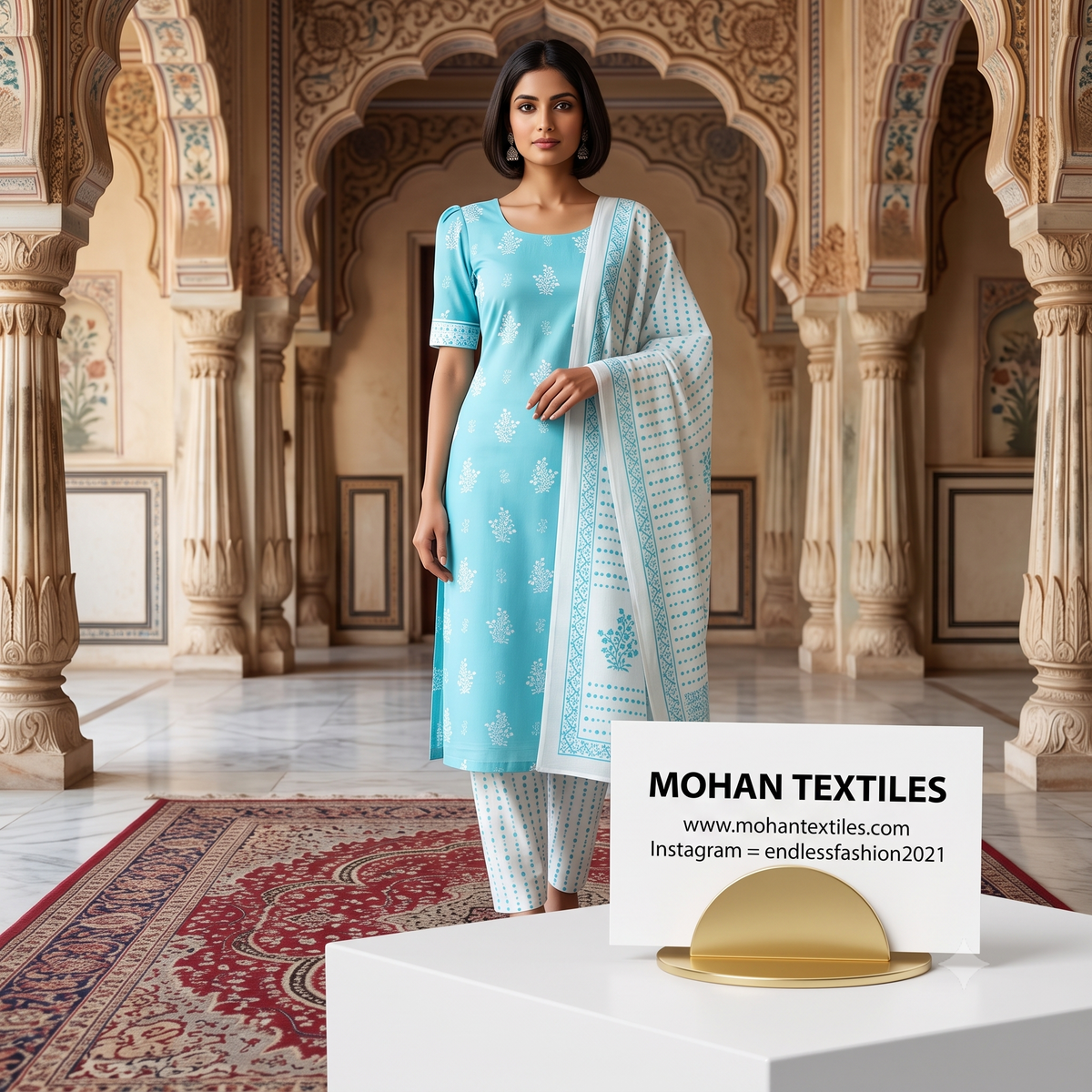 Mohan Textiles Endless Fashion Sky Blue floral printed unstitched pure cotton Punjabi suit fabric set with printed dupatta