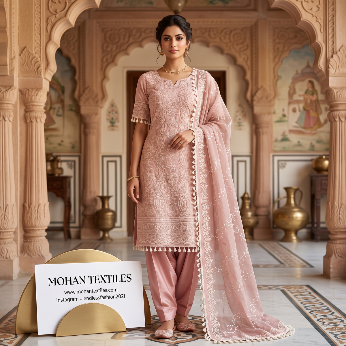Mohan Textiles Pastel Chikankari Needlework Punjabi Suit Set Unstitched Dress Material with Heavy Border