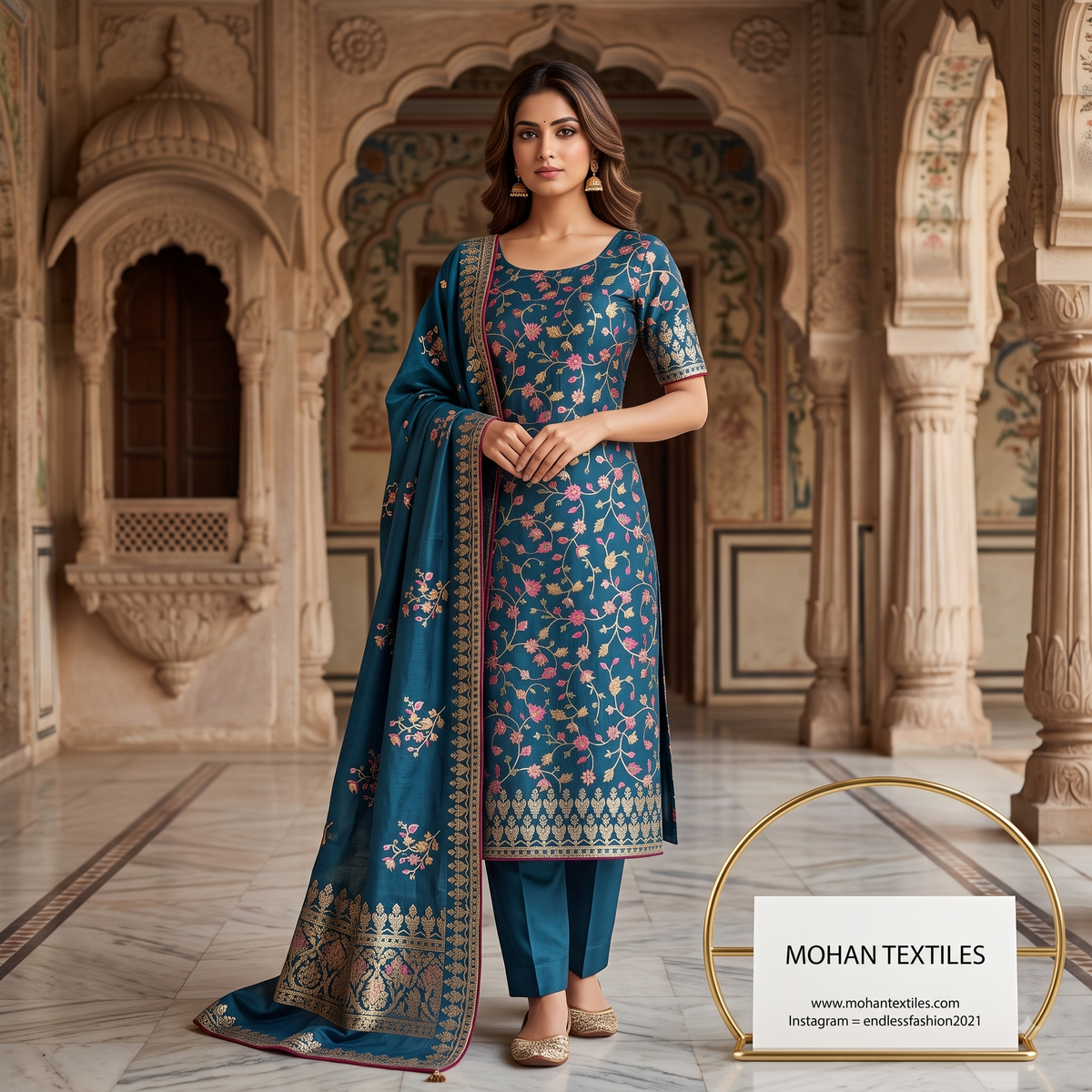 A woman stands in an ornate indoor courtyard wearing an Amritsari teal blue floral printed salwar kameez suit with matching pants and a draped dupatta. The background features detailed stone arches and pillars.