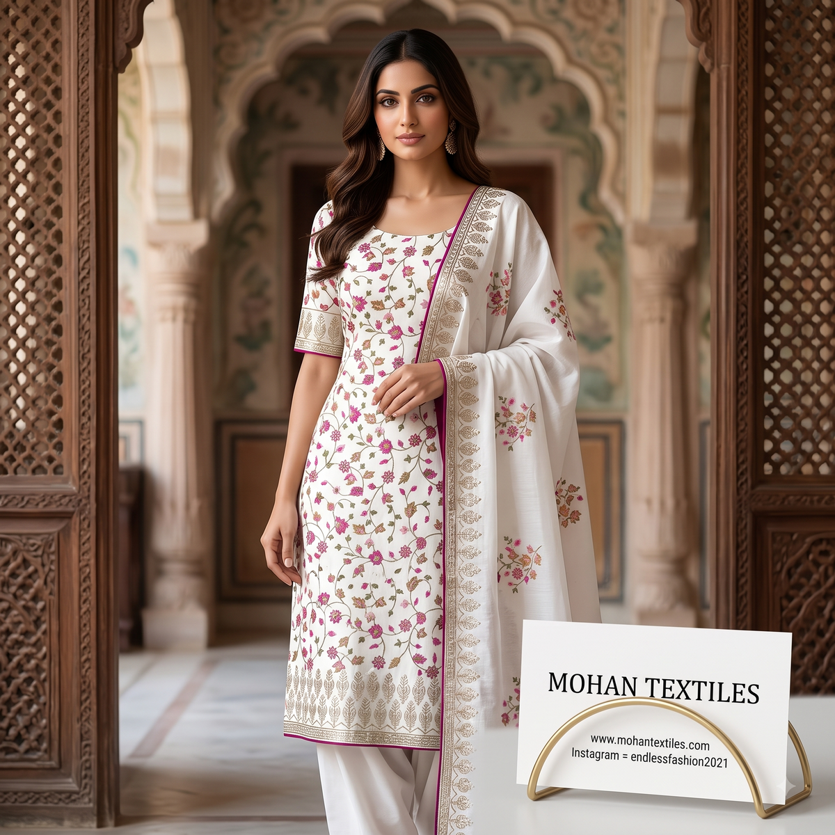 A woman models a white Amritsari  salwar kameez suit with pink floral motifs and gold borders, paired with a matching dupatta, set against an ornate architectural background. A white sign for 'MOHAN TEXTILES' is visible in the lower right corner.