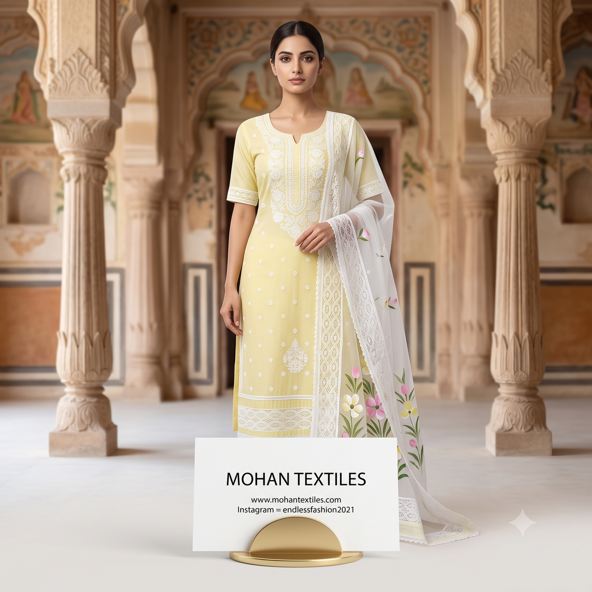 Mohan Textiles bright pastel yellow Karachi style Chikankari embroidered suit set styled with a sheer white floral lace dupatta.