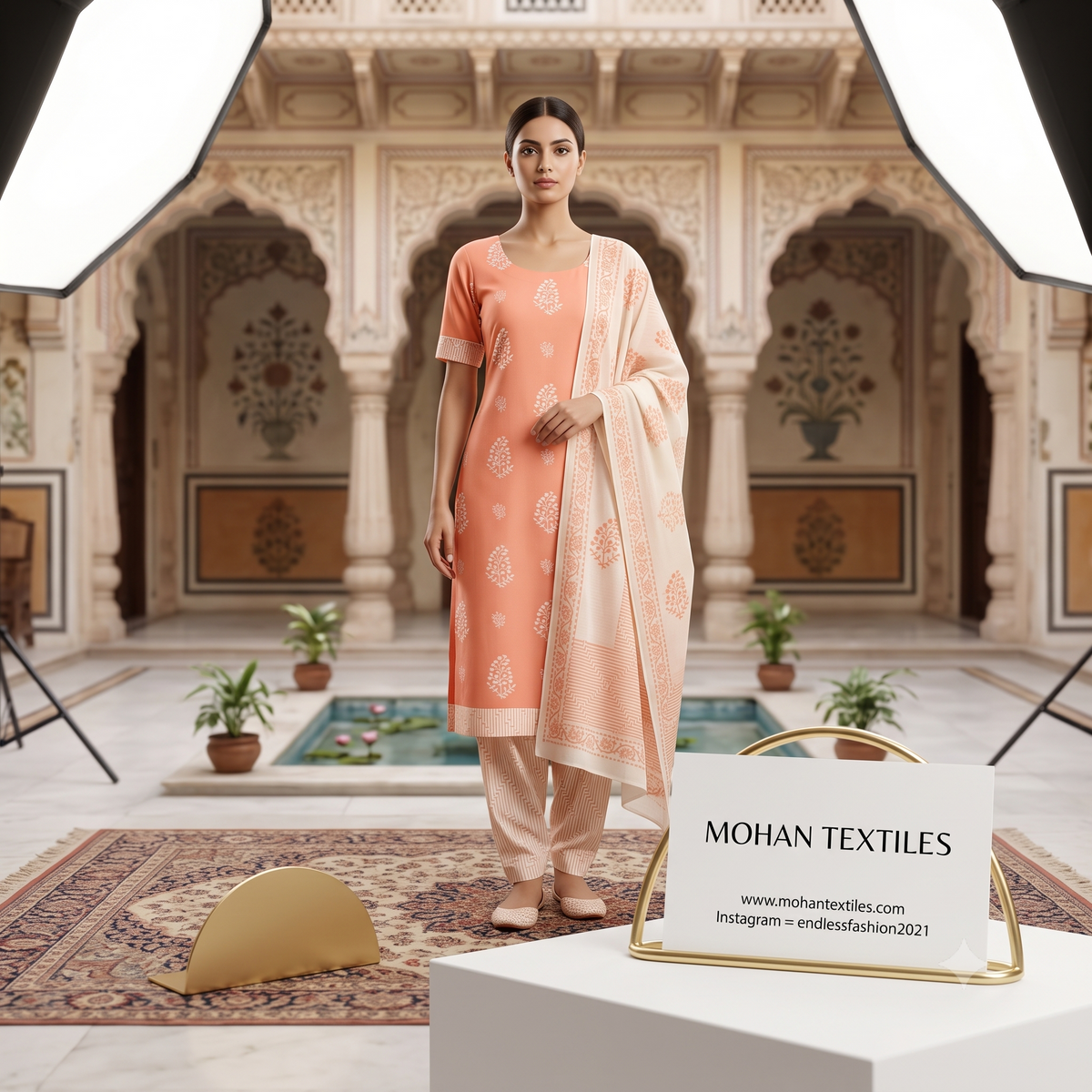 Model showcasing soft coral orange floral printed cotton suit with coordinating pant and dupatta by Endless Fashion Mohan Textiles