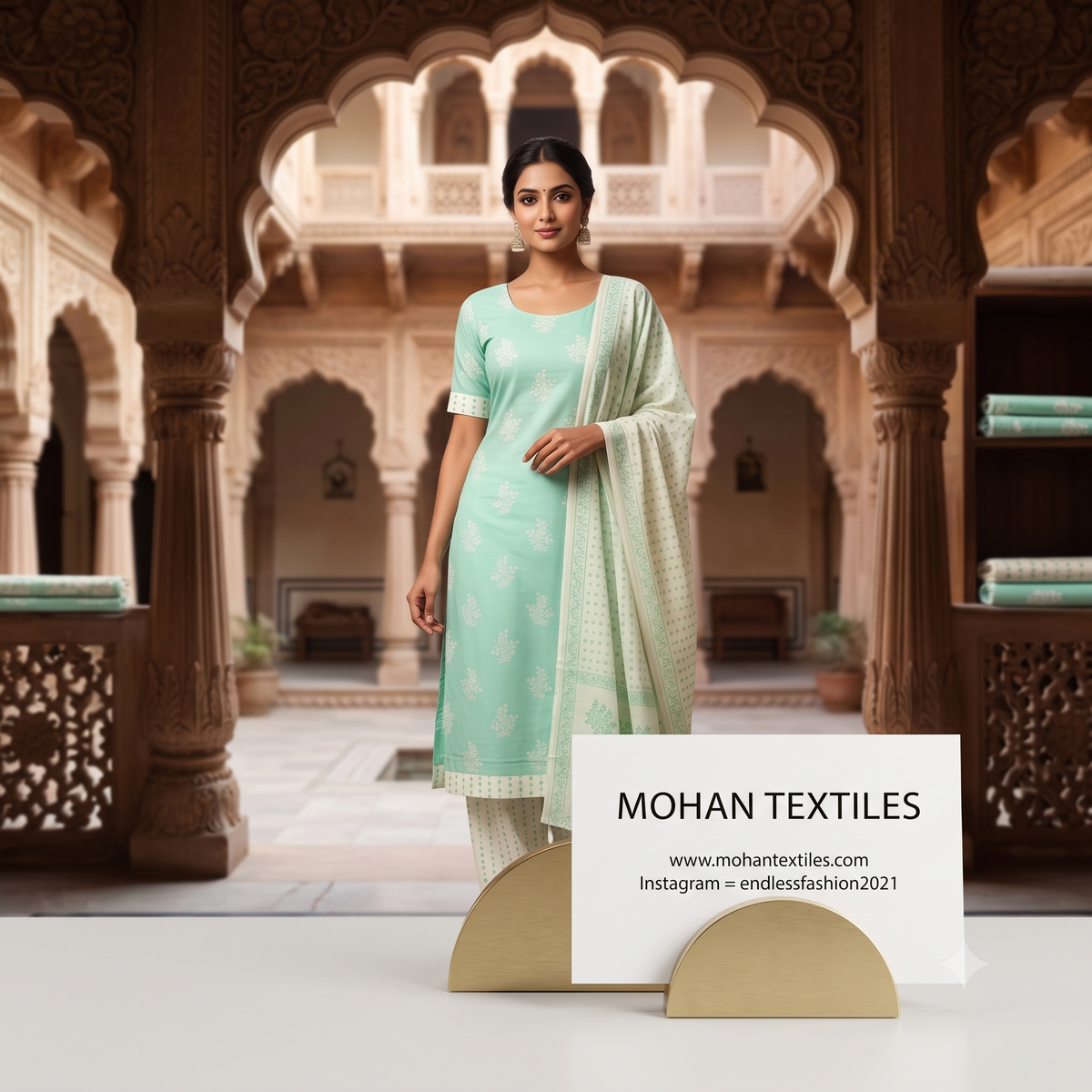 Model showcasing mint sea green floral printed cotton unstitched suit with dupatta by Endless Fashion Mohan Textiles Amritsar