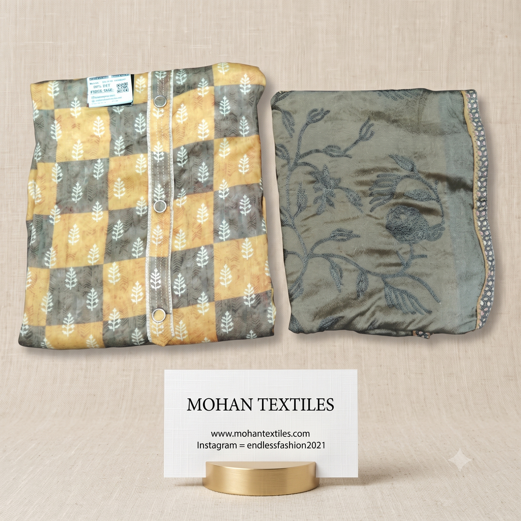 Folded mustard yellow and olive grey checkered silk suit material with embroidered dual-tone dupatta on beige background