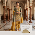 Indian model wearing mustard yellow checkered short-sleeve Punjabi suit with shaded dupatta and plain yellow salwar in haveli lobby