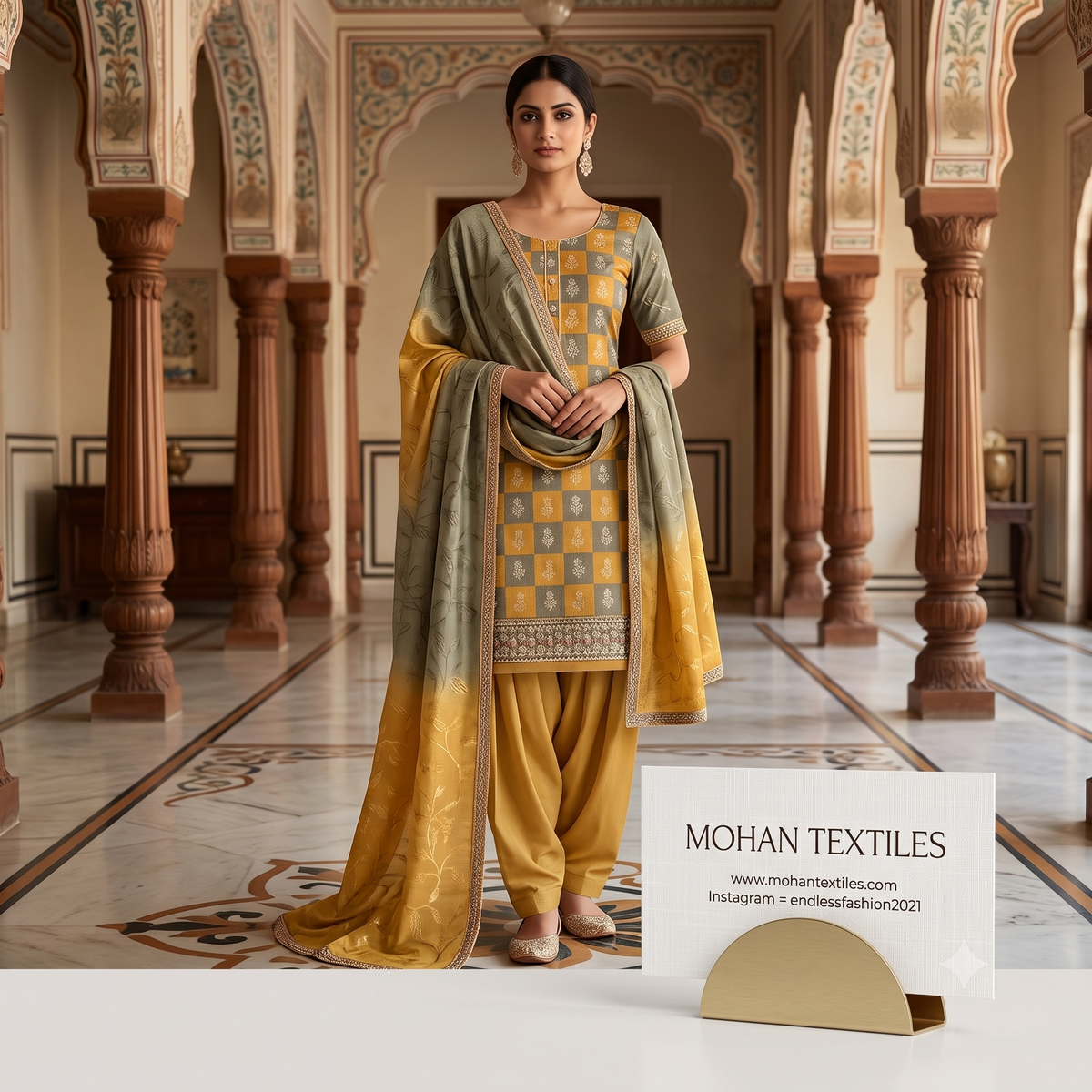Indian model wearing mustard yellow checkered short-sleeve Punjabi suit with shaded dupatta and plain yellow salwar in haveli lobby