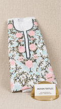 White cotton unstitched Phulkari kurti material featuring pastel pink and sky blue floral embroidery with leafy vine patterns.