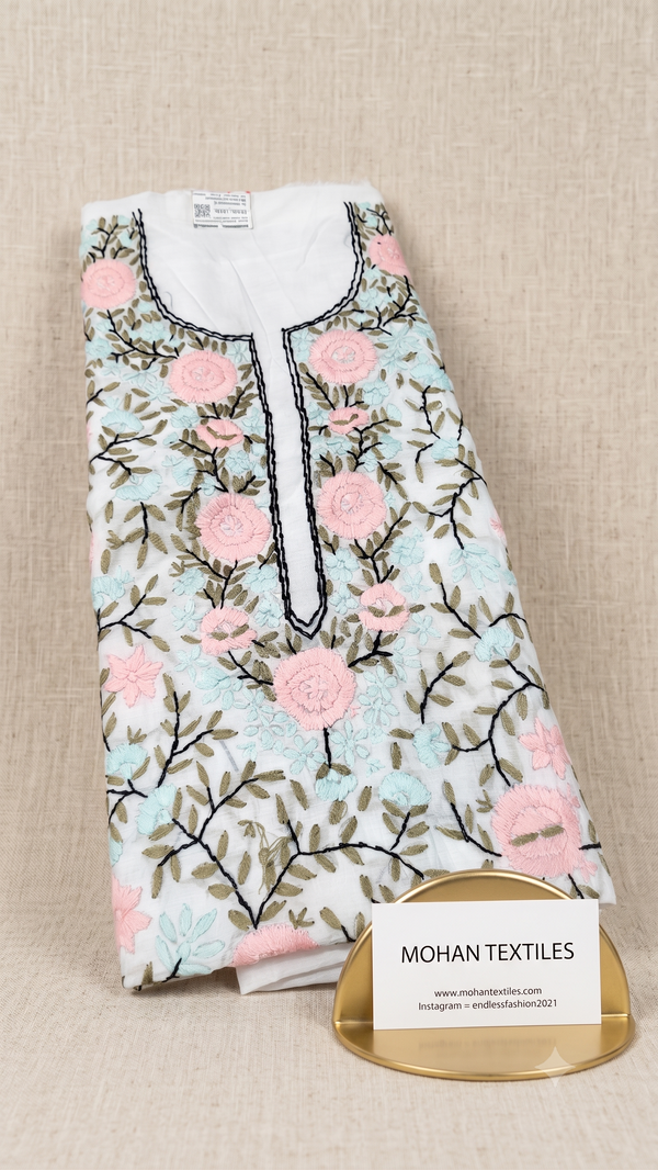 White cotton unstitched Phulkari kurti material featuring pastel pink and sky blue floral embroidery with leafy vine patterns.