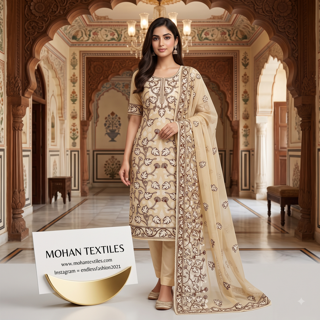 Mohan Textiles Premium Floral Embroidered Unstitched Punjabi Suit Set with Heavy Dupatta