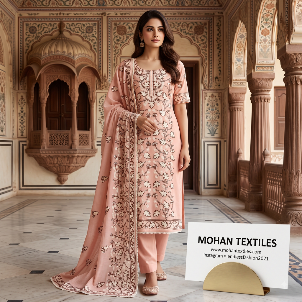 Mohan Textiles Premium Floral Embroidered Unstitched Punjabi Suit Set with Heavy Dupatta