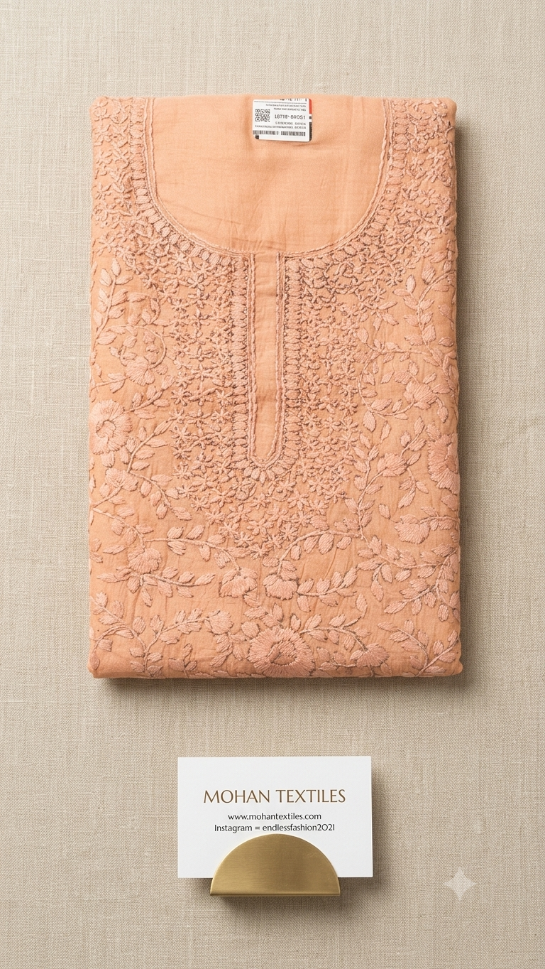 A folded peach-colored phulkari embroidered kurta or tunic with floral lace detailing, displayed on a textured beige fabric background. A small white brand card for 'MOHAN TEXTILES' is placed below the garment.
