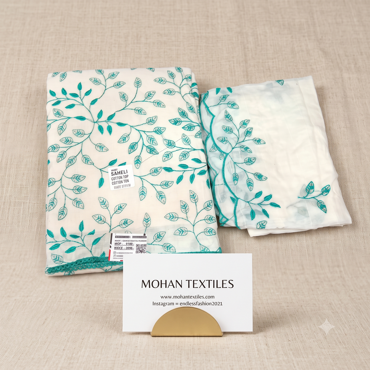Unstitched pure khadi cotton suit fabric in teal blue floral threadwork with embroidered cutwork dupatta - Mohan Textiles