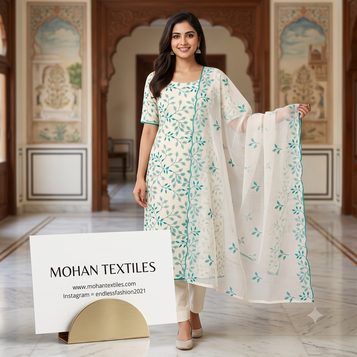 Model wearing off-white khadi cotton unstitched punjabi suit with teal blue vine embroidery and scalloped dupatta by Mohan Textiles Amritsar