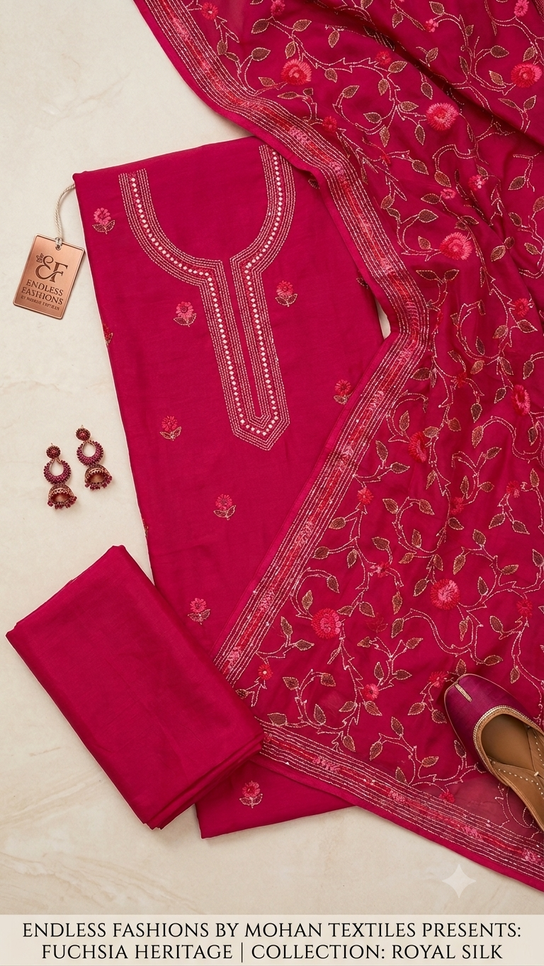 A styled flat-lay of a fuchsia pink ethnic salwar kameez suit set by Mohan Textiles, featuring a kurta with embroidered neckline, matching folded fabric, earrings, and a printed dupatta with floral motifs.