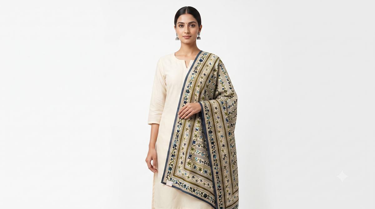 A woman modeling a cream-colored kurta with a matching patterned dupatta featuring blue, green, and gold embroidery, set against a plain white studio background.
