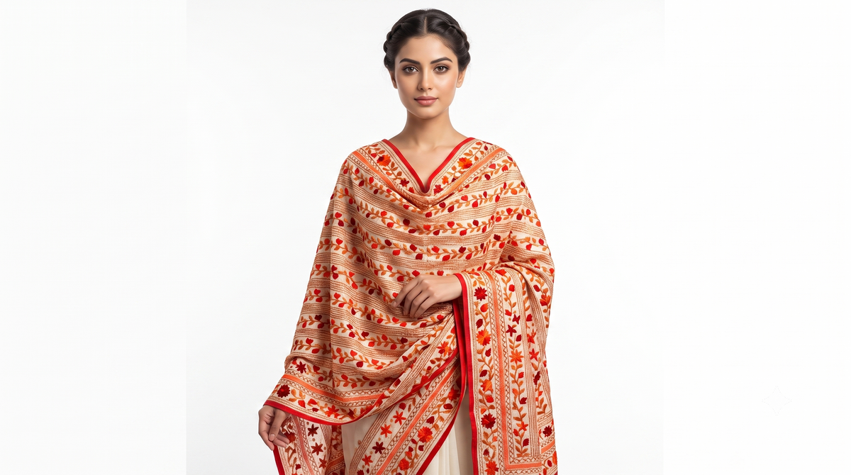 A woman modeling a beige and red patterned shawl draped over her shoulders, set against a plain white studio background.
