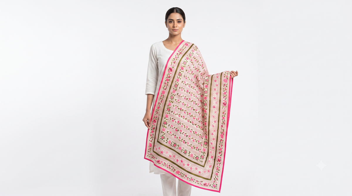 A woman modeling a light pink dupatta with intricate green and red floral patterns and a bright pink border, paired with a white kurta against a plain white studio background.