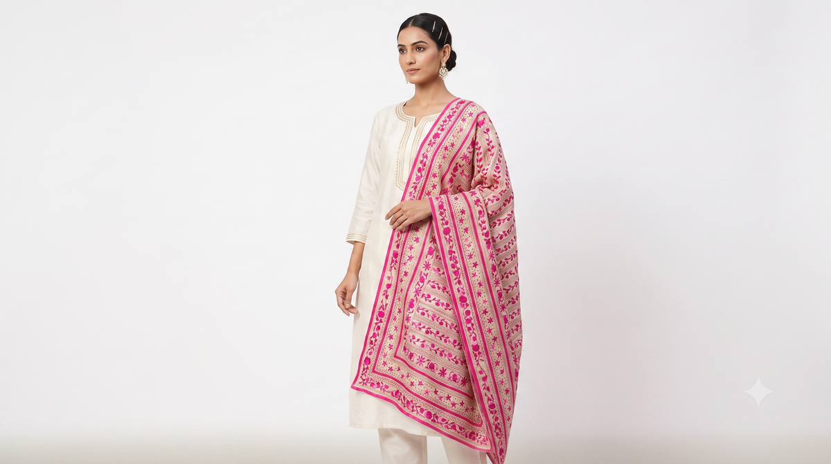 A woman modeling a traditional outfit consisting of a cream kurta and trousers with a vibrant pink and beige patterned dupatta, set against a plain white studio background.