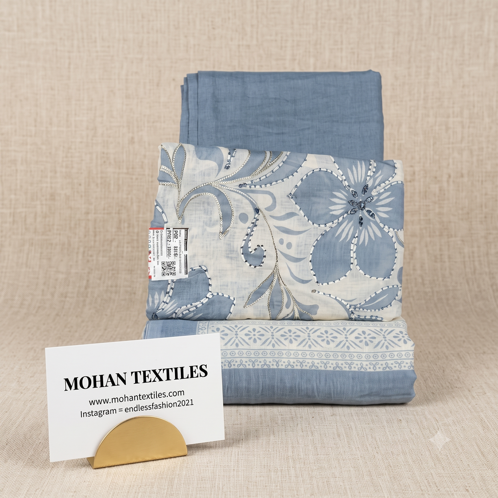 Powder blue floral embroidered linen cotton unstitched suit material with printed dupatta – Mohan Textiles