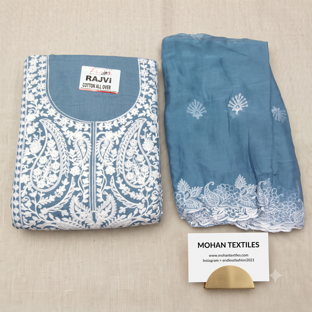Traditional Lucknowi Chikankari Unstitched Suit Material with Embroidered Dupatta – Mohan Textiles