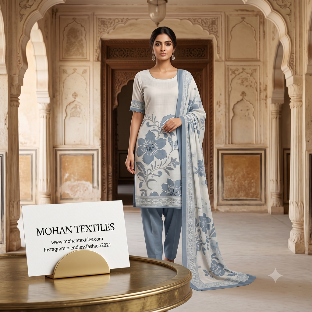Model wearing powder blue botanical print linen cotton suit with straight pants and matching dupatta – Mohan Textiles