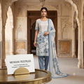 Model wearing powder blue botanical print linen cotton suit with straight pants and matching dupatta – Mohan Textiles