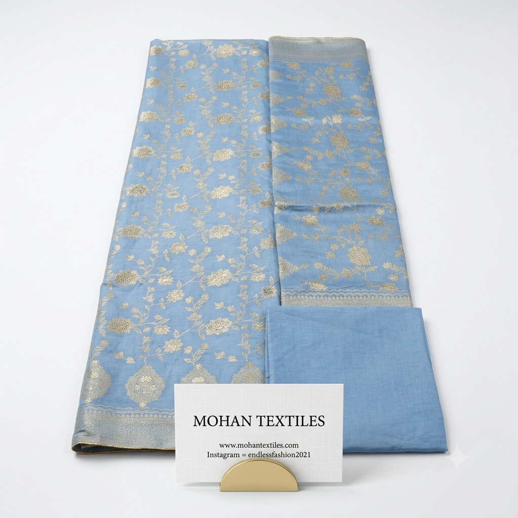Flat lay of Powder Blue unstitched Banarasi style party wear dress material, featuring intricate gold zari floral weaving and a matching dupatta, available at Mohan Textiles.