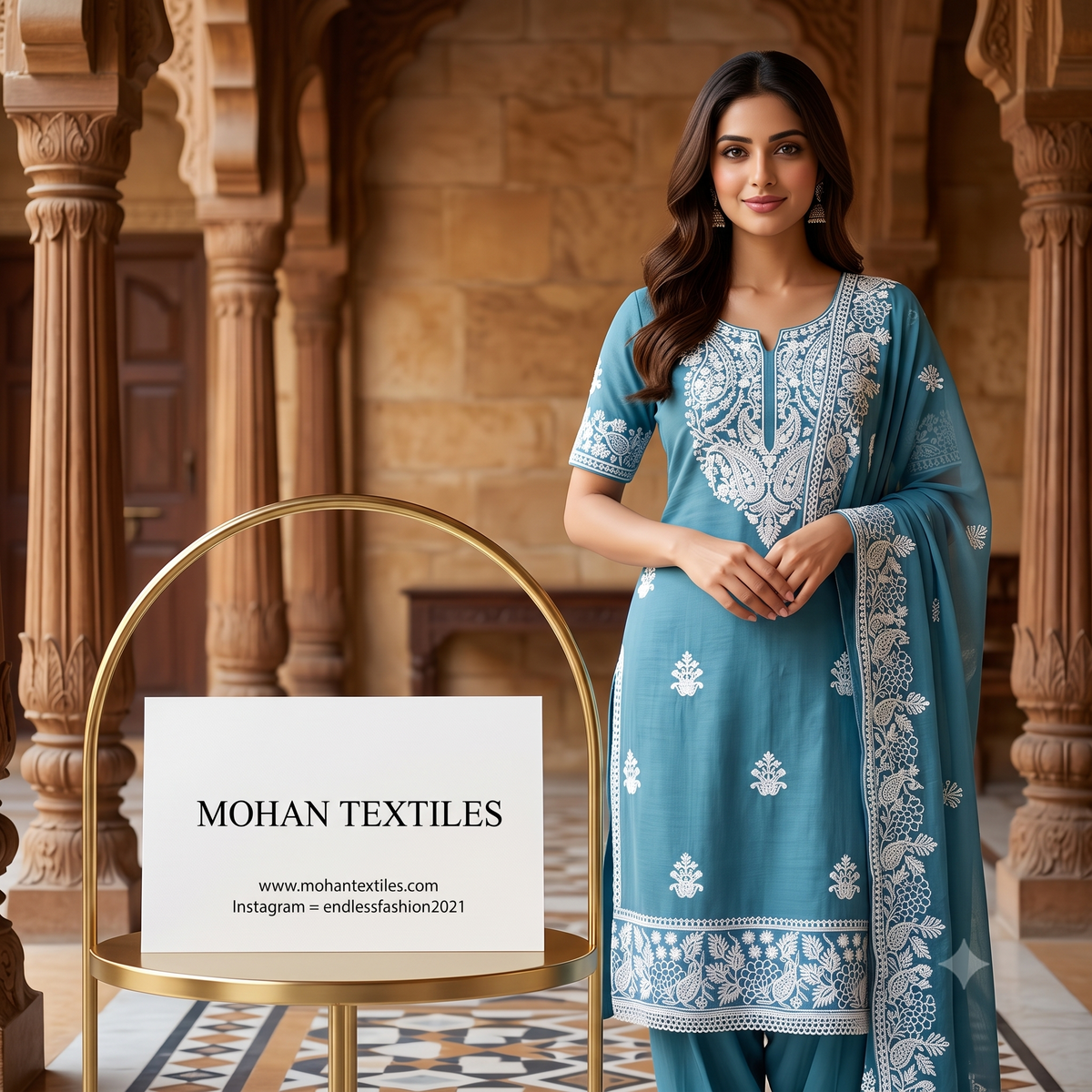 Traditional Lucknowi Chikankari Unstitched Suit Material with Embroidered Dupatta – Mohan Textiles
