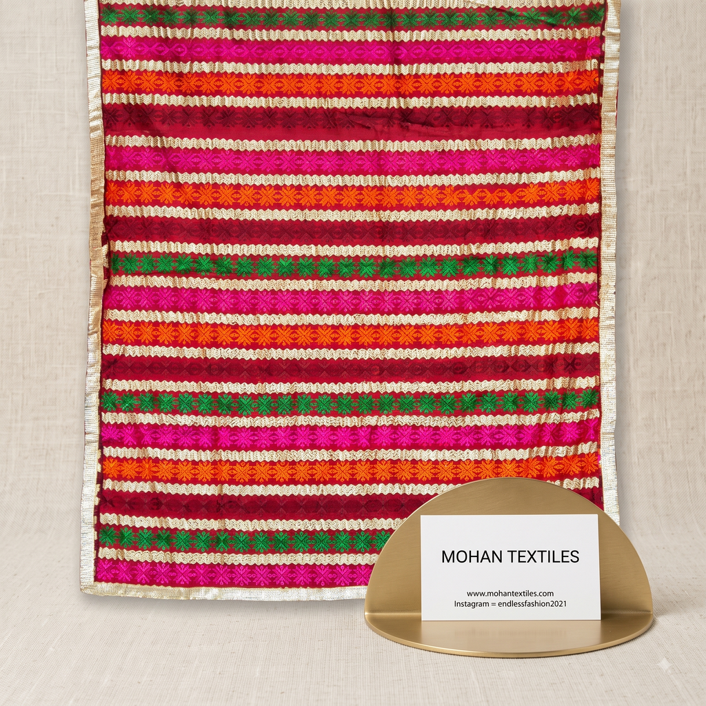 Maroon multi Phulkari dupatta with heavy mirror work and Amritsari embroidery – Mohan Textiles