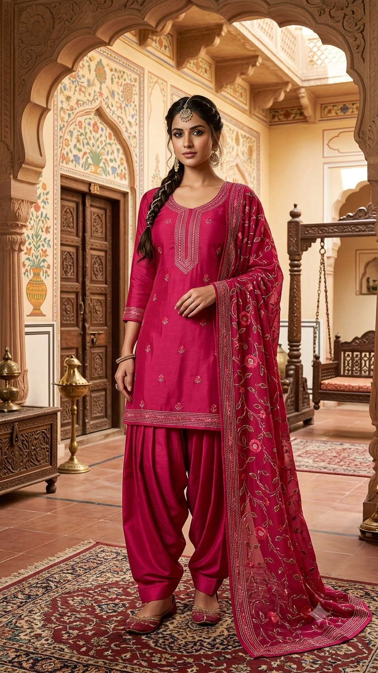 A woman stands in an ornate traditional courtyard wearing a bright pink salwar kameez outfit with a matching embroidered dupatta. The outfit includes a pink kurta with gold embroidery, matching pink pants, and a pink dupatta with gold floral patterns.