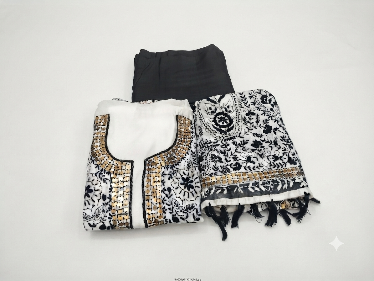A folded women's ethnic outfit set on a plain white background, featuring a black kurta, a white embroidered tunic with gold sequin detailing, and a matching black-and-white patterned dupatta with tassels.