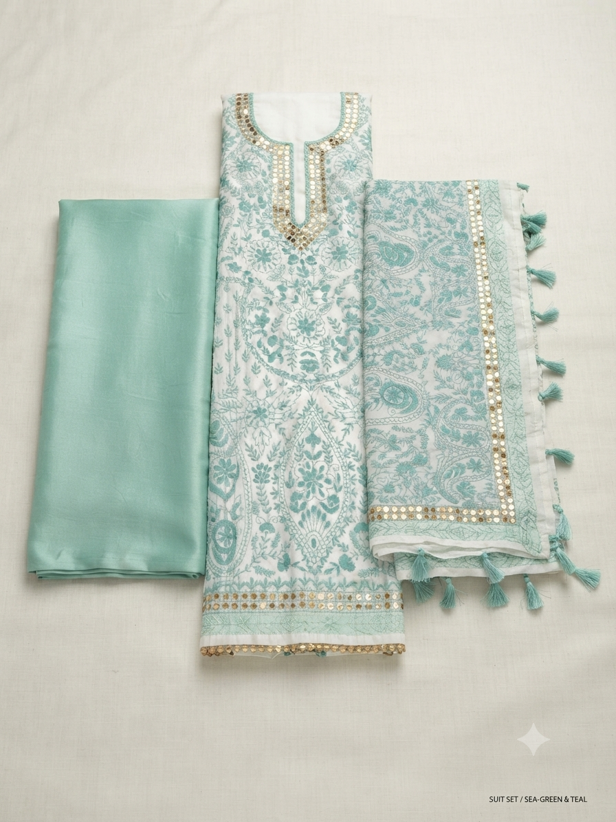 A mint green and white traditional South Asian suit set laid flat on a light beige fabric background. The set includes a white kurta with mint green and gold embroidery, a solid mint green fabric panel, and a matching printed dupatta with gold borders and tassel edges.