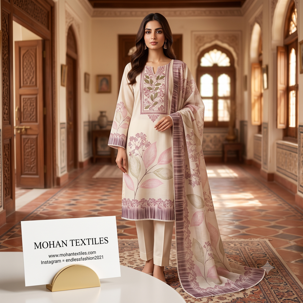 Model wearing a cream linen unstitched suit set with pink leaf motifs, straight cigarette pants, and a patterned dupatta, set in an opulent courtyard. Elegant ethnic wear by Mohan Textiles.