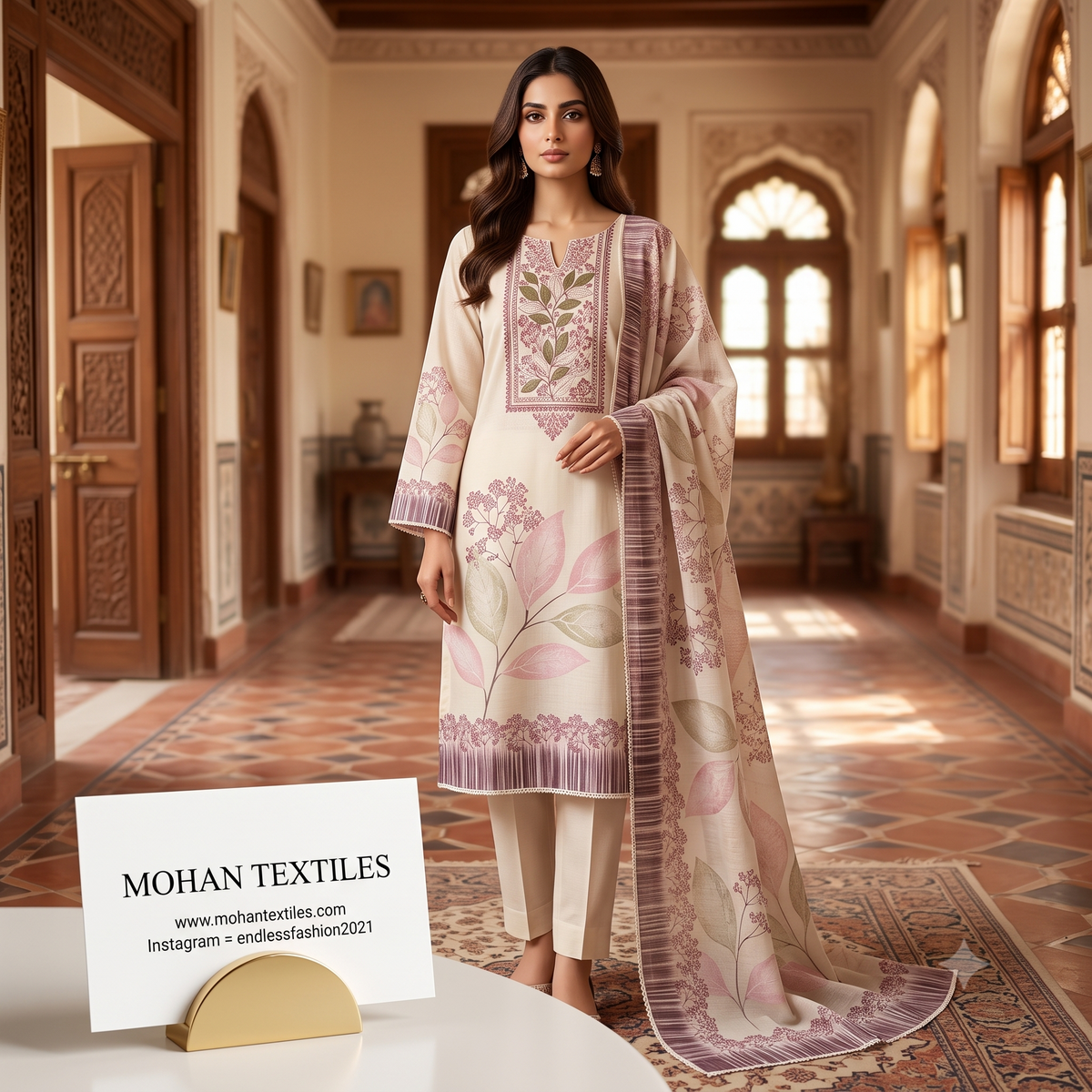 Model wearing a cream linen unstitched suit set with pink leaf motifs, straight cigarette pants, and a patterned dupatta, set in an opulent courtyard. Elegant ethnic wear by Mohan Textiles.