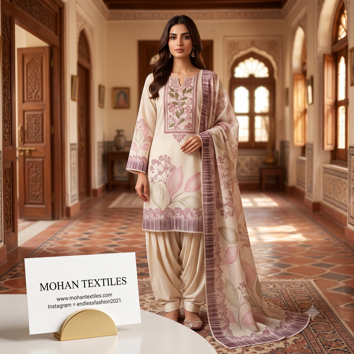 Woman standing in a traditional palace hallway wearing a cream unstitched salwar suit with pink and green leaf prints and embroidery, with a matching dupatta trailing. A designer suit from Mohan Textiles.