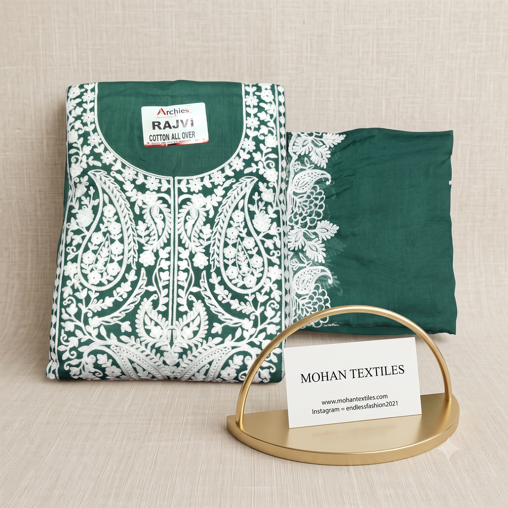 Traditional Lucknowi Chikankari Unstitched Suit Material with Embroidered Dupatta – Mohan Textiles