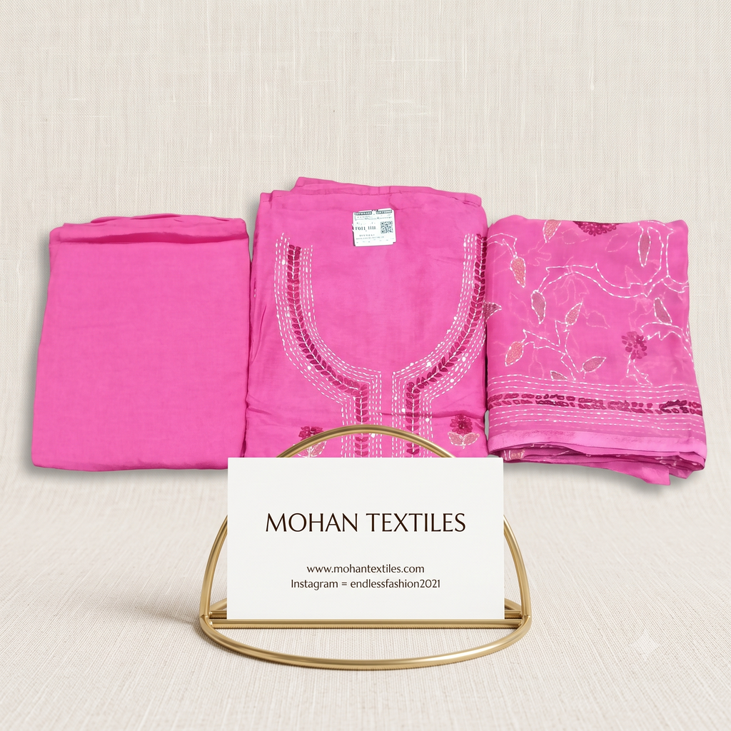 Rani pink phulkari embroidered muslin ladies dress material with unstitched bottom and dupatta
