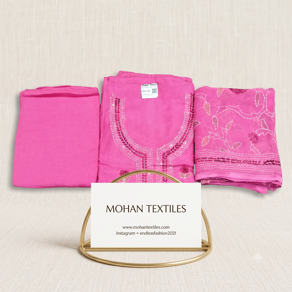 Rani pink phulkari embroidered muslin ladies dress material with unstitched bottom and dupatta