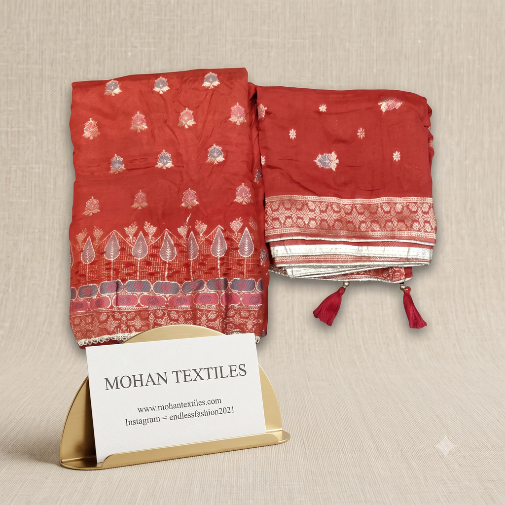 Brick red Banarasi weaving unstitched suit fabric with gold zari buti and border dupatta by Mohan Textiles