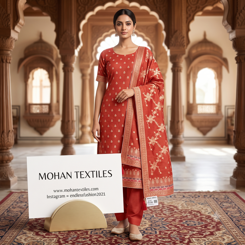 Model in traditional brick red unstitched suit tailored with gold zari jacquard dupatta and matching trousers