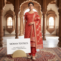 Model in traditional brick red unstitched suit tailored with gold zari jacquard dupatta and matching trousers