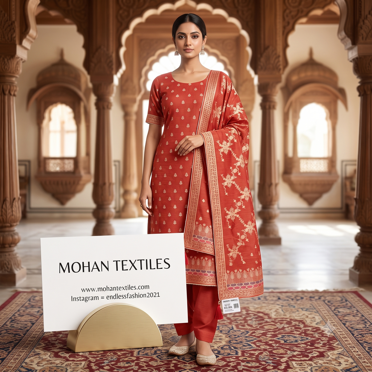Model in traditional brick red unstitched suit tailored with gold zari jacquard dupatta and matching trousers