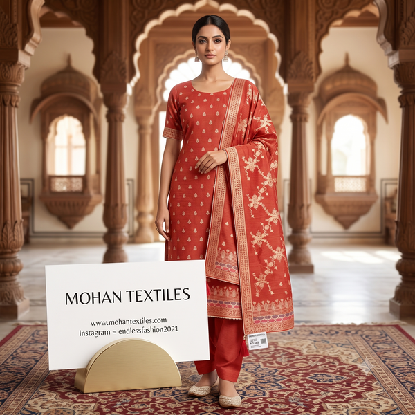 Model in traditional brick red unstitched suit tailored with gold zari jacquard dupatta and matching trousers