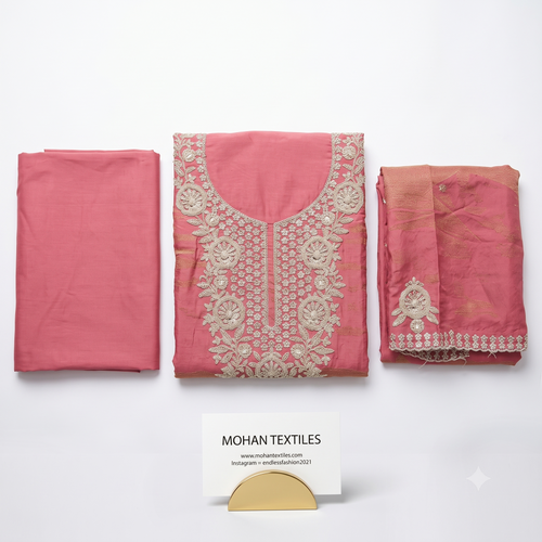 Elegant Neckline Embroidered Unstitched Suit Set with Scalloped Dupatta