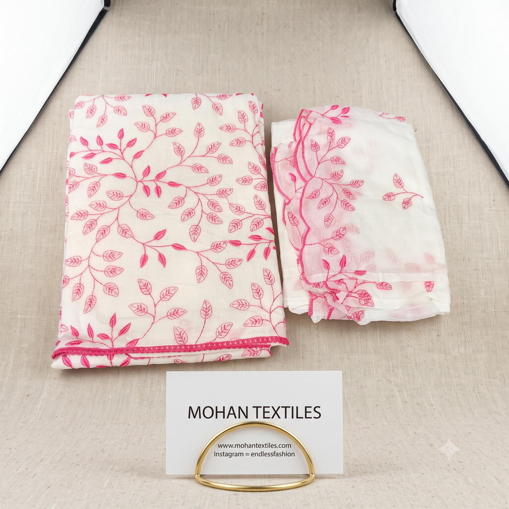 Mohan Textiles brand unstitched khadi cotton suit material in magenta pink embroidery with matching dupatta