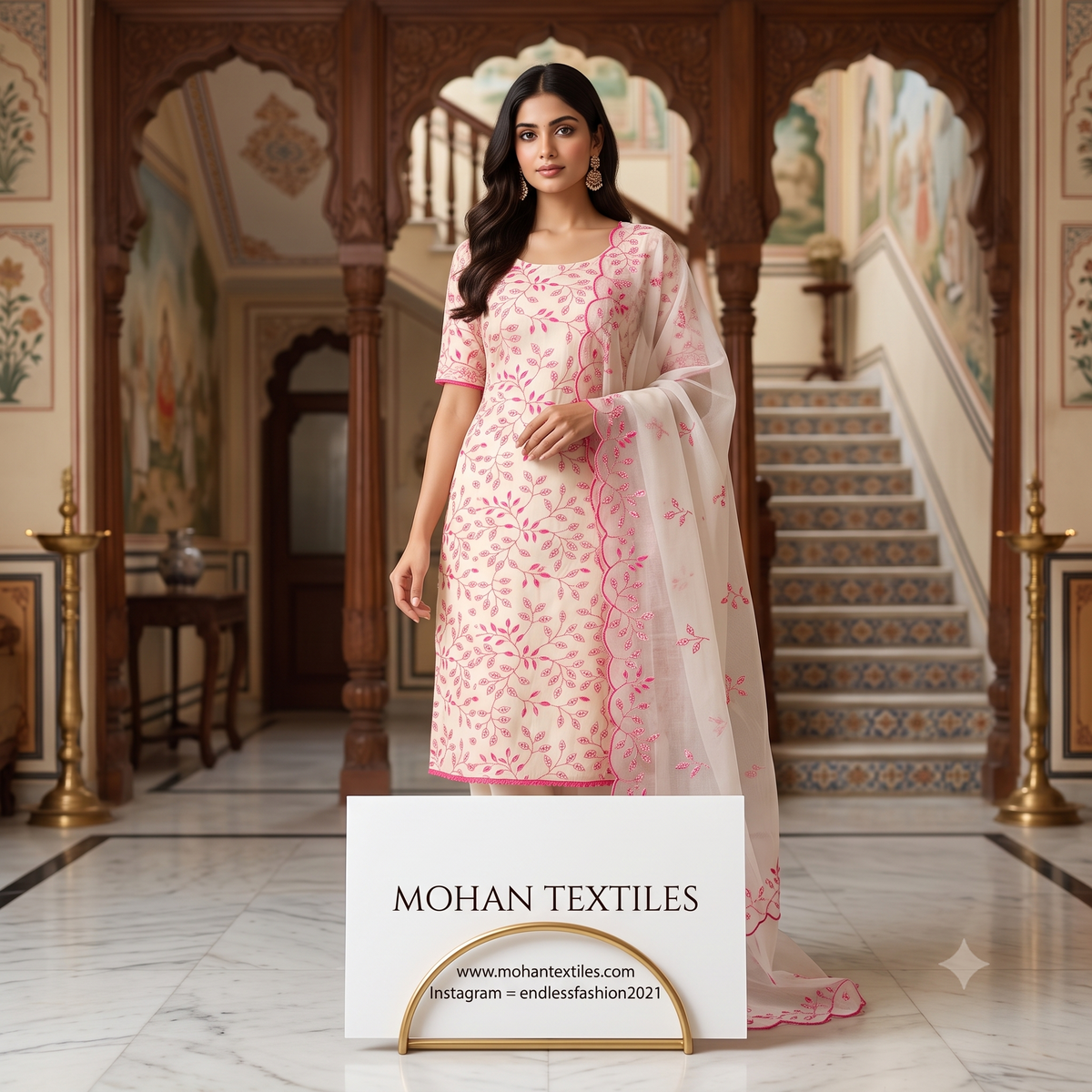 Elegant ladies khadi cotton suit with bright pink floral threadwork and scalloped border dupatta Mohan Textiles