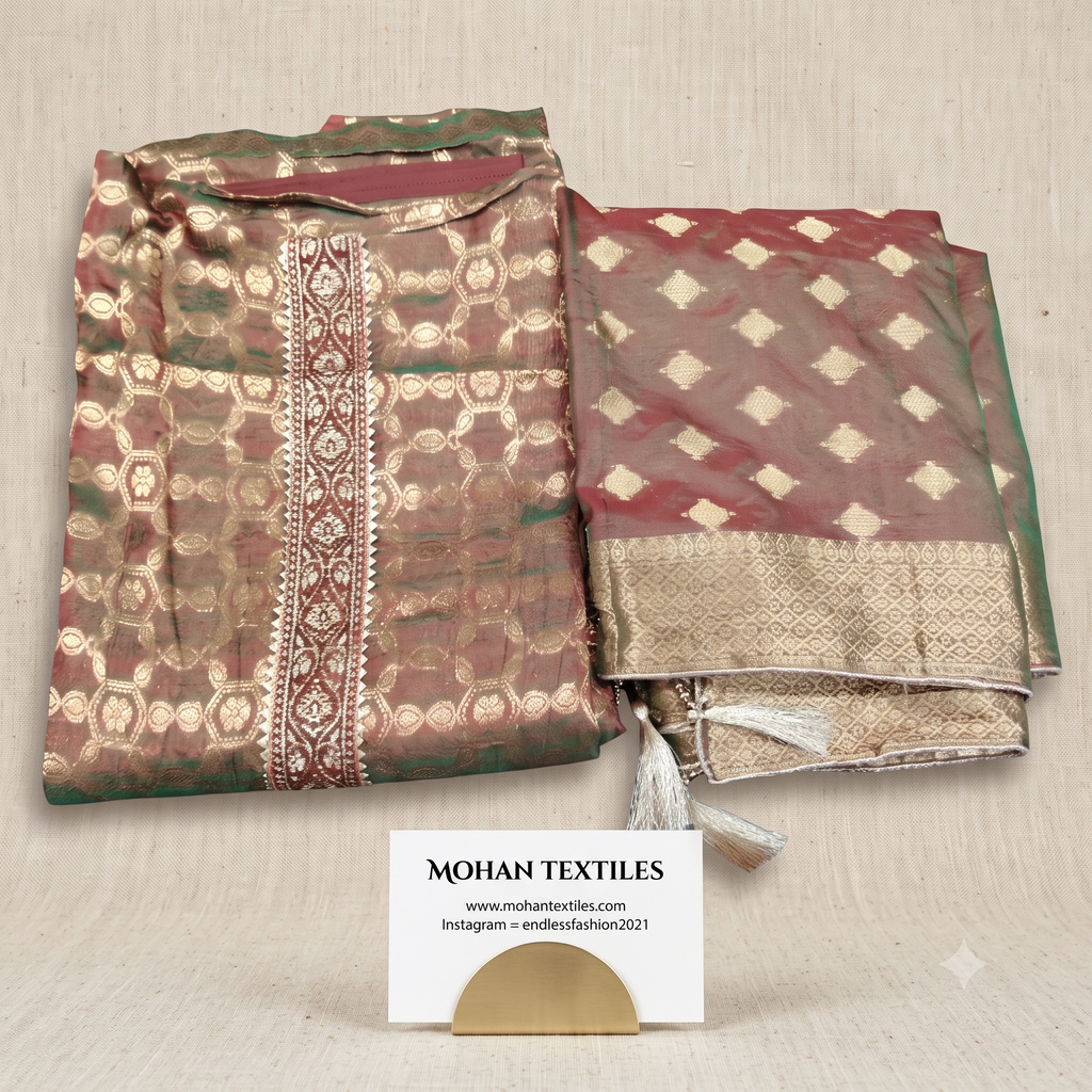 Antique gold and maroon dual tone silk jacquard unstitched suit fabric with embroidered neck patti and zari dupatta by Mohan Textiles