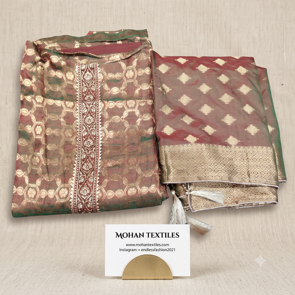 Antique gold and maroon dual tone silk jacquard unstitched suit fabric with embroidered neck patti and zari dupatta by Mohan Textiles