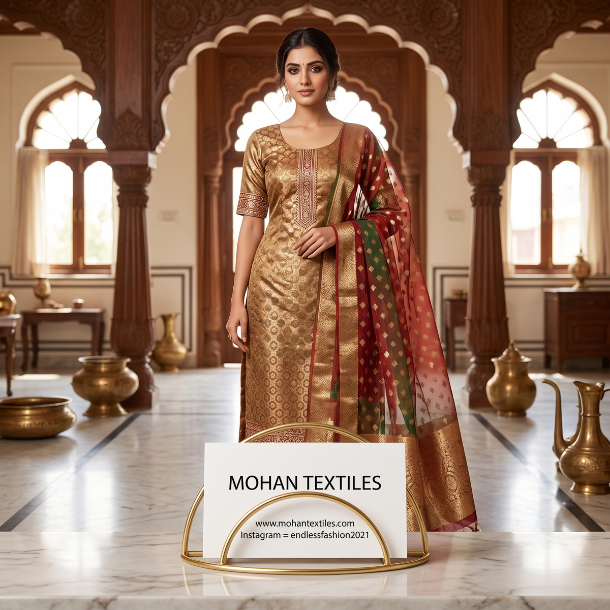 Model wearing royal antique gold Banarasi brocade suit with dual tone maroon and green zari border dupatta