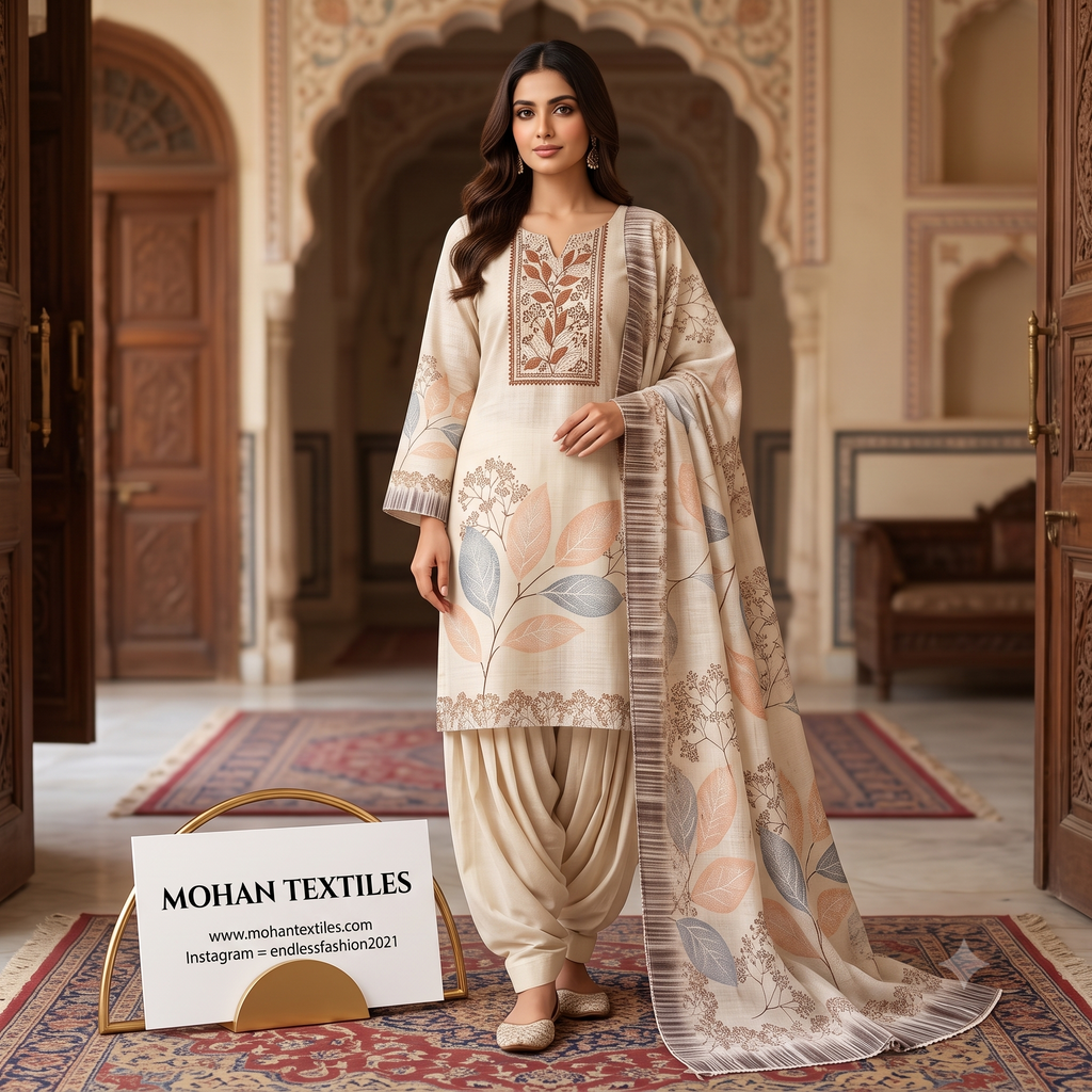 Woman in a traditional setting wearing a cream unstitched Patiala suit set with botanical peach leaf prints and embroidery, complemented by a large matching dupatta. Ethnic fashion from Mohan Textiles.